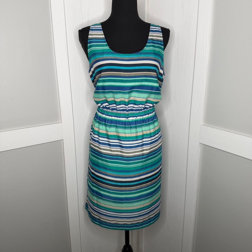 Loft Striped Dress Womens Size M Green Blue Elastic Waist Sleeveless Knee Length